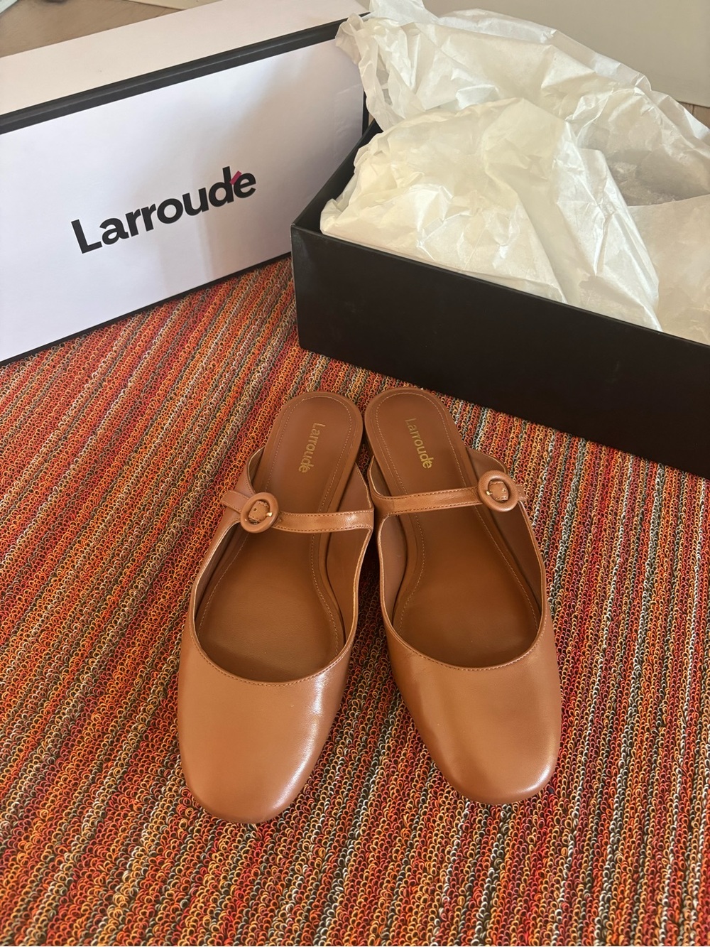 LARROUDE BLAIR MULES LEATHER CARAMEL BROWN SLIP ON MARY JANES WOMENS SZ 7.5